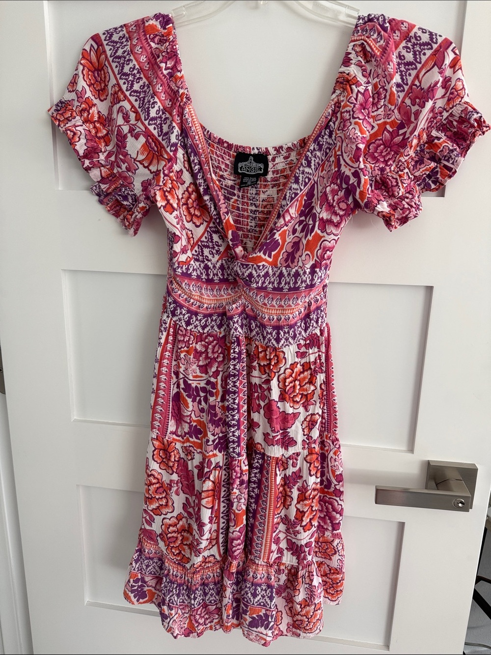Angie Pink and Orange Floral V-Neck Mini Dress